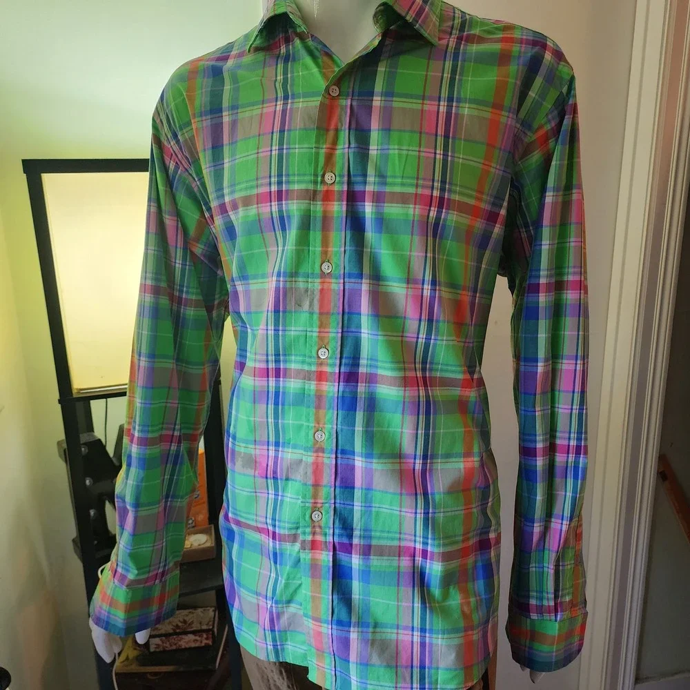 Polo Ralph Lauren Stanton Custom Fit Plaid Shirt Mens XXL Green Pink Multi Color